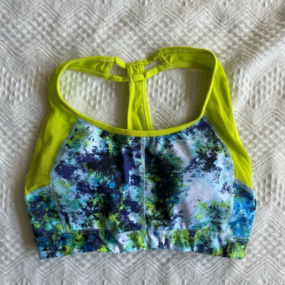 NWOT $64 Athleta yellow/blue/purple print high support sports bra, Sz XXS